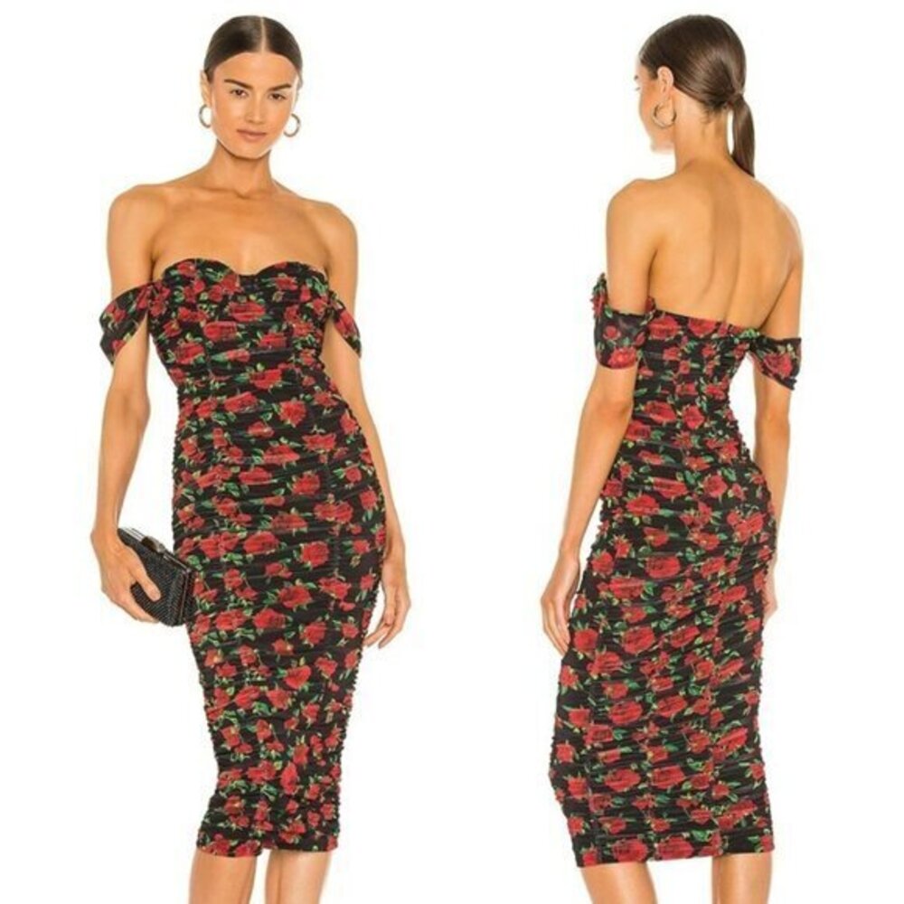 NBD Robin Midi Dress in Black & Red Floral - Black & Red Floral